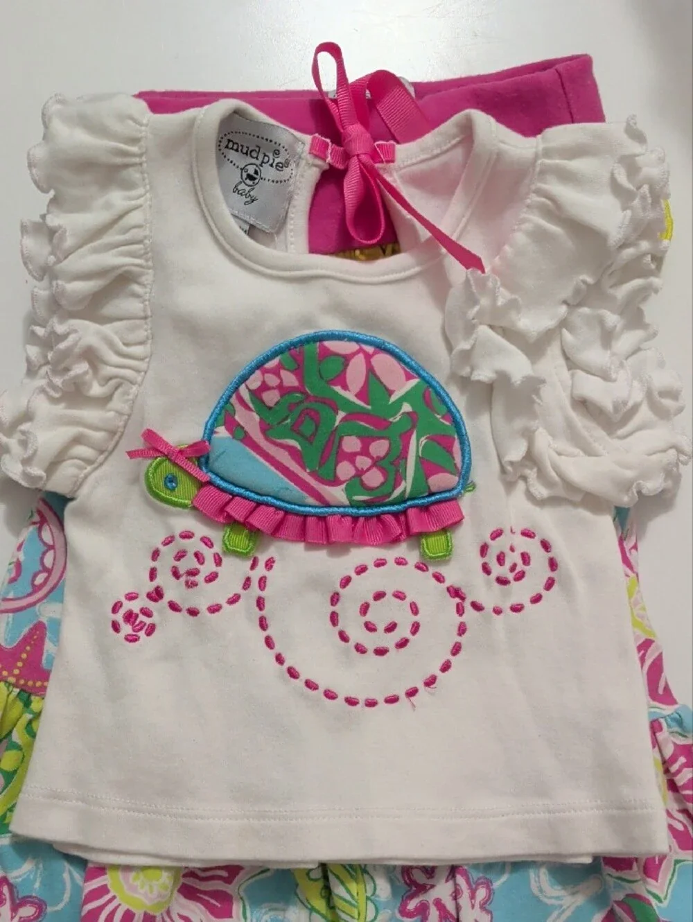 Mud Pie Turtle Top & Pink-Blue Floral Pants Two-Piece Set